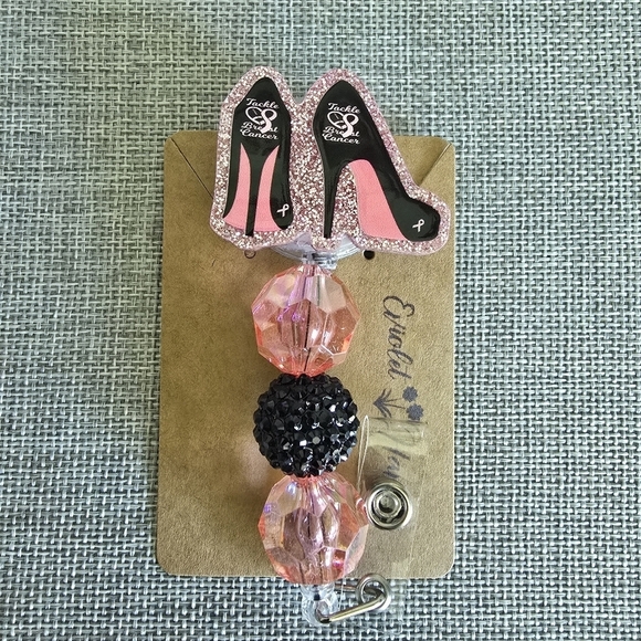 Breast Cancer Awareness Stiletto Shoe Retractable Beaded Badge ID Reel Holder - Picture 2 of 3